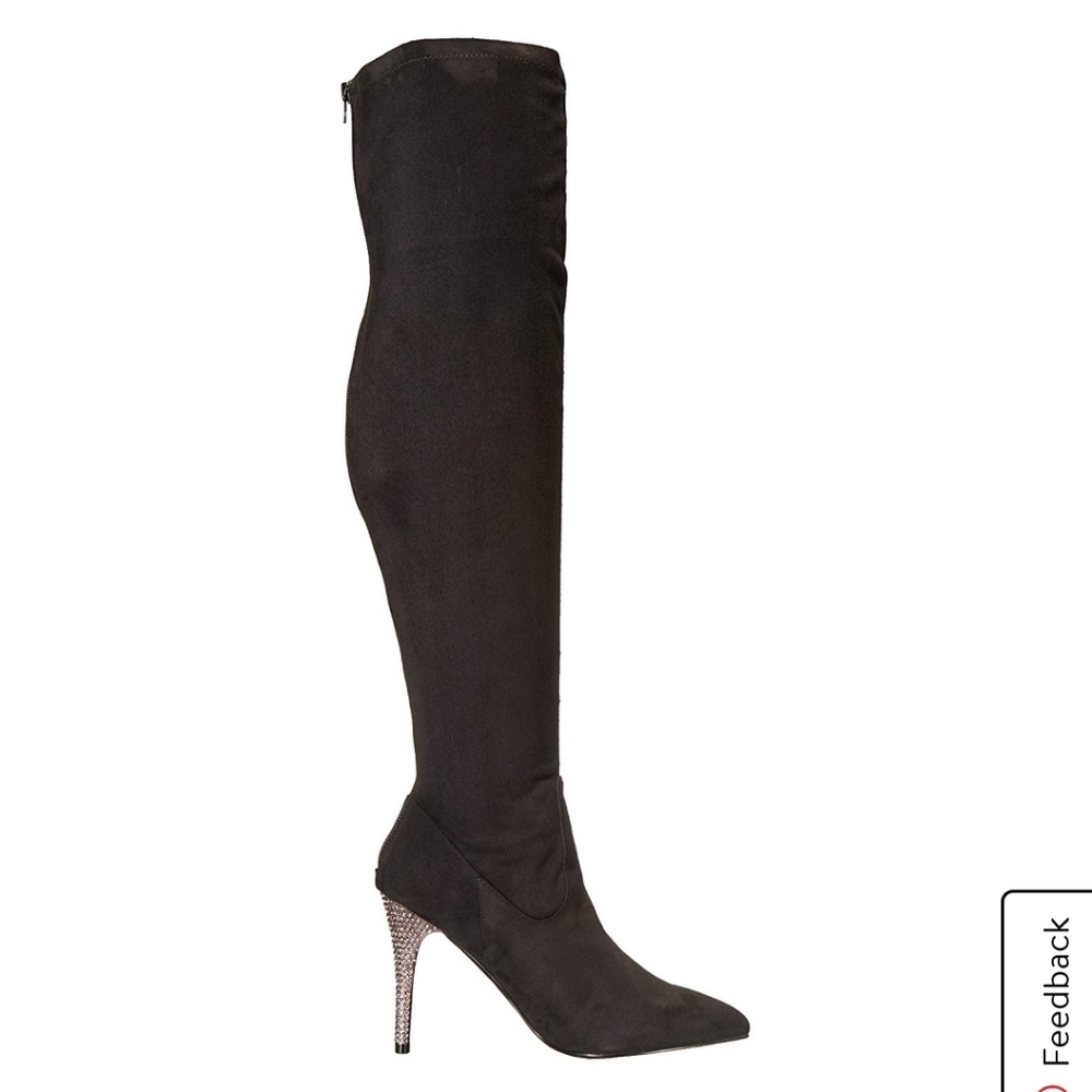 Nina Rocklin-Fy Rhinestone Heel OTK Black Boots - Picture 3 of 9